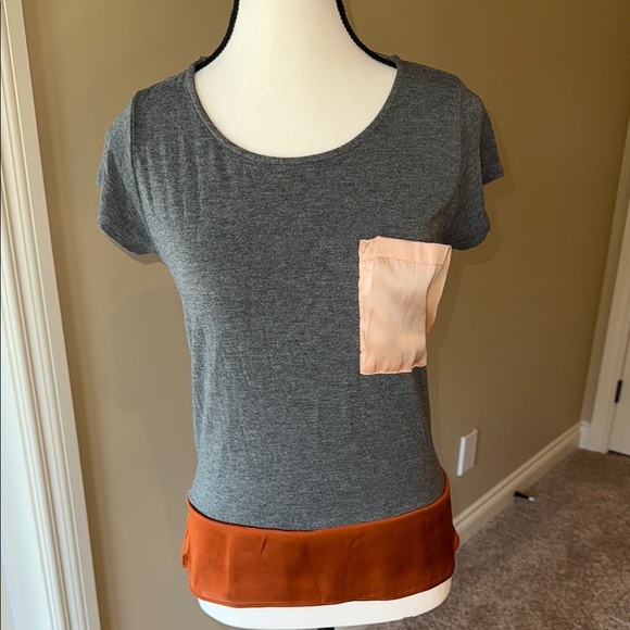Anthropologie Dolan T Shirt Gray Brown Short Sleeve Pink Pocket Bronze Satin Hem - Picture 1 of 9